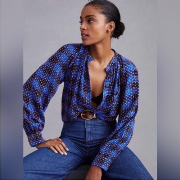 Anthropologie Pilcro Femme Plaid Buttondown Blue Pink Shirt Top Sz M Petite - Picture 1 of 16